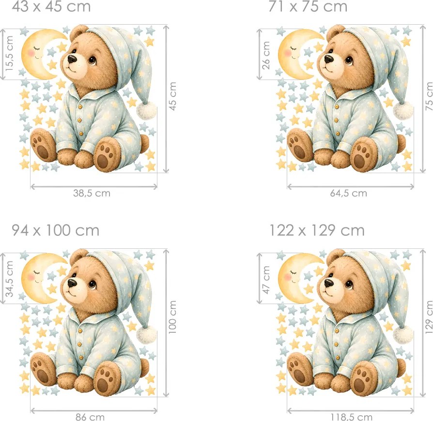 Medvedík v pyžame a mesiac nálepky na stenu pre bábätká list 43 x 45 cm