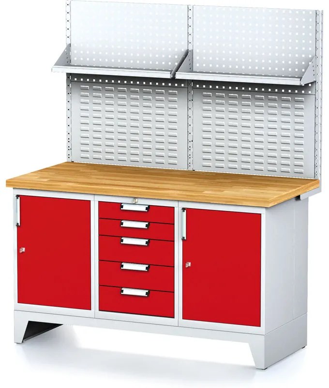 Alfa 3 Dielenský stôl MECHANIC I , perforovaný panel, police, 2 skrinky a zásuvkový box na náradie, 5 zásuviek, 1500x685x880 mm, červené dvere