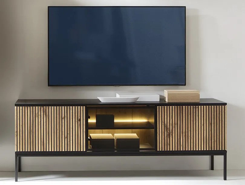 TV skrinka Sento, čierna/dub wotan, s osvetlením