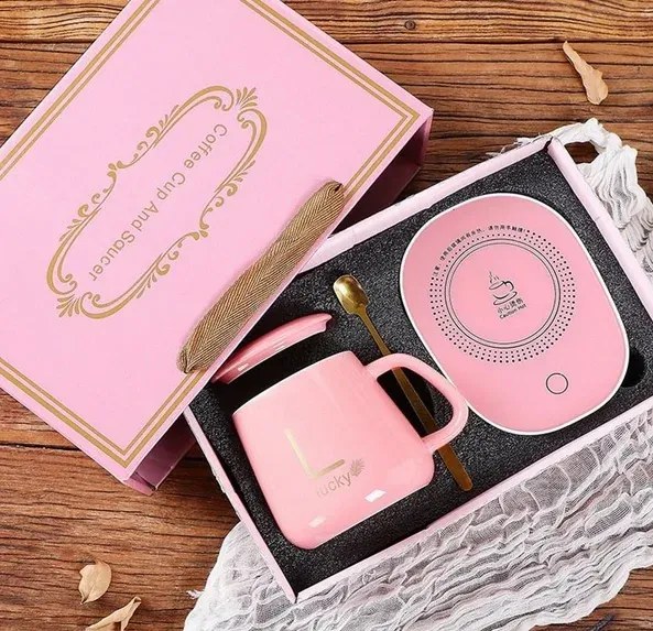 Sada keramického hrnčeka s elektrickým ohrievačom Lucky v darčekovom balení - pink
