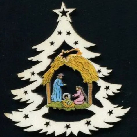 AMADEA Drevená ozdoba farebná stromček s betlehemom 6 cm