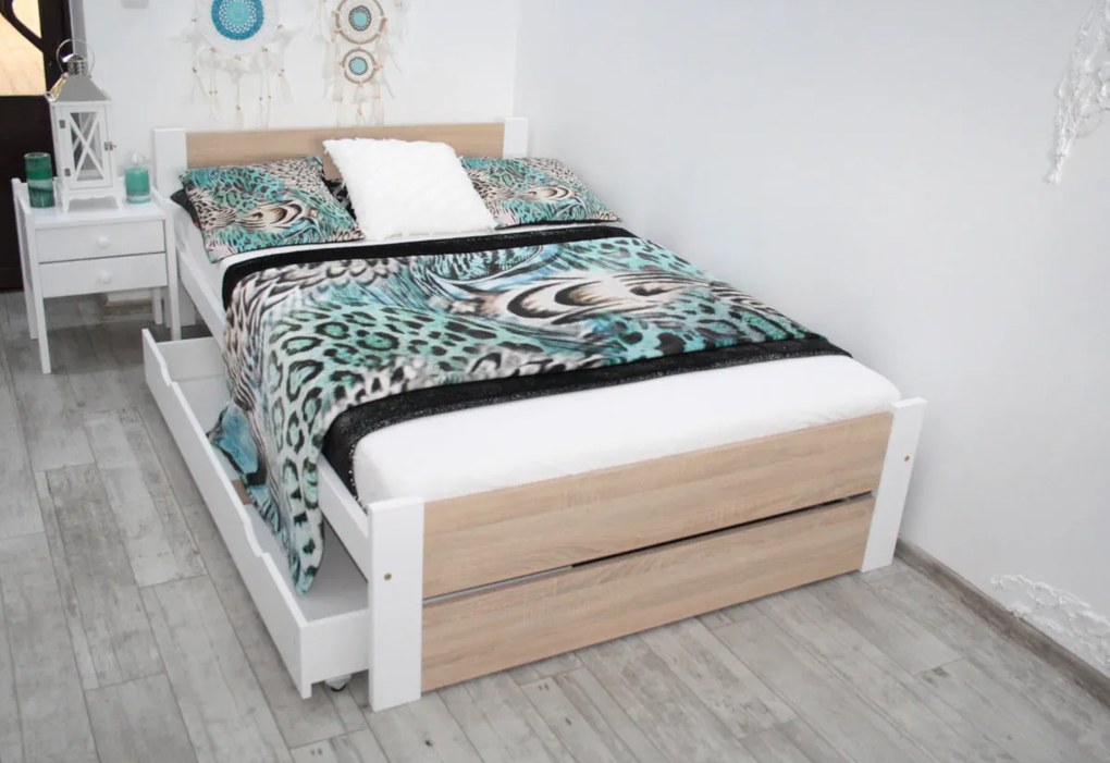 Posteľ HERMA + rošt ZADARMO - sonoma/biela / 100x200 / áno