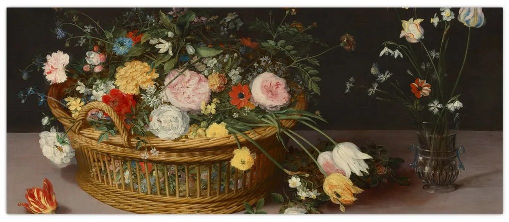 Obraz - Jan Brueghel the Elder, Flowers in a Basket and a Vase, reprodukcia (120x50 cm)