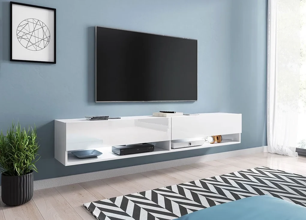 TV stolík/skrinka Aldesia 180 (biela + biely lesk) (bez osvetlenia). Vlastná spoľahlivá doprava až k Vám domov. 1053714