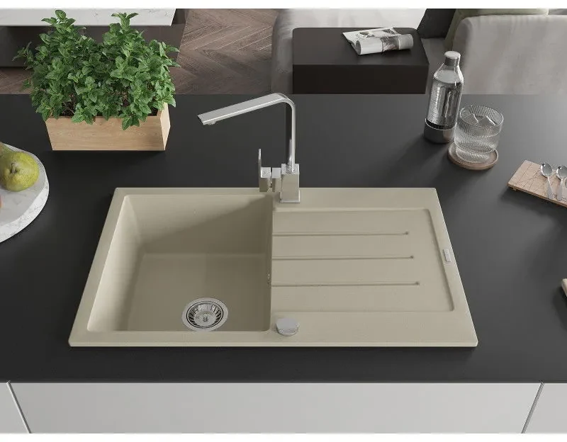 Mexen Bruno, drez granitový 795x495x200 mm, 1-komorový, béžová s chrómovým sifónom a chrómová drezová batéria Rita, 6513-69-670300-00