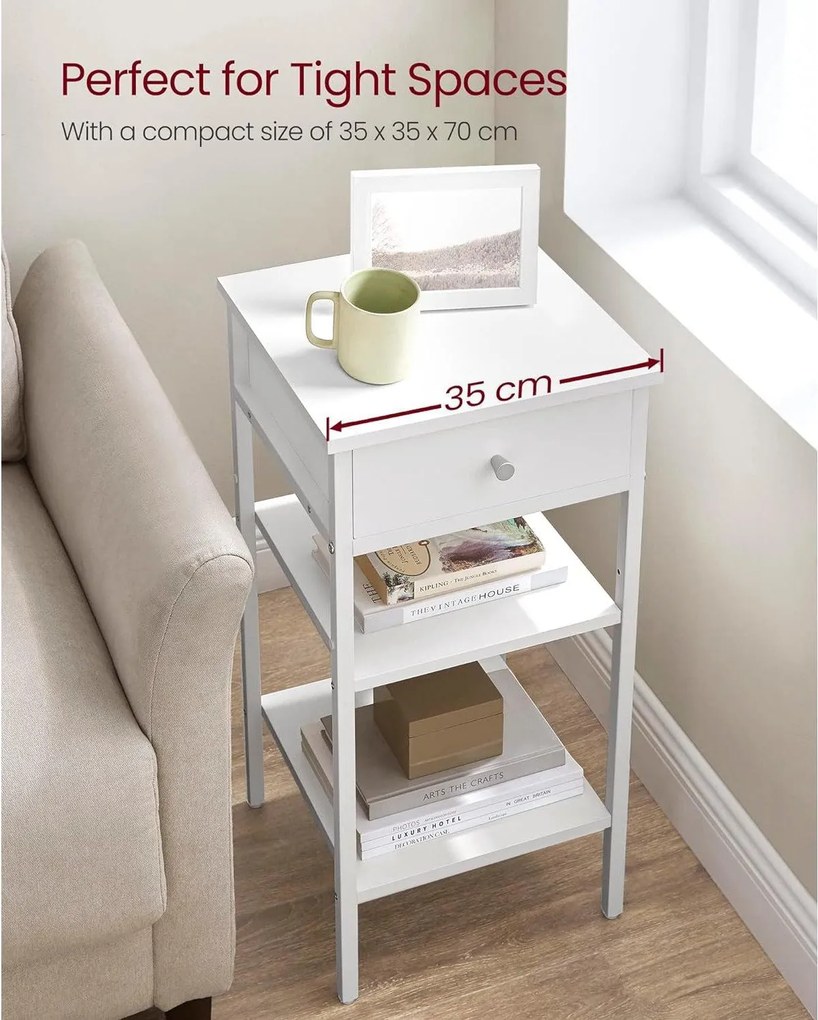 Vysoký nočný stolík s jednou zásuvkou a 2 otvorenými priehradkami, biely