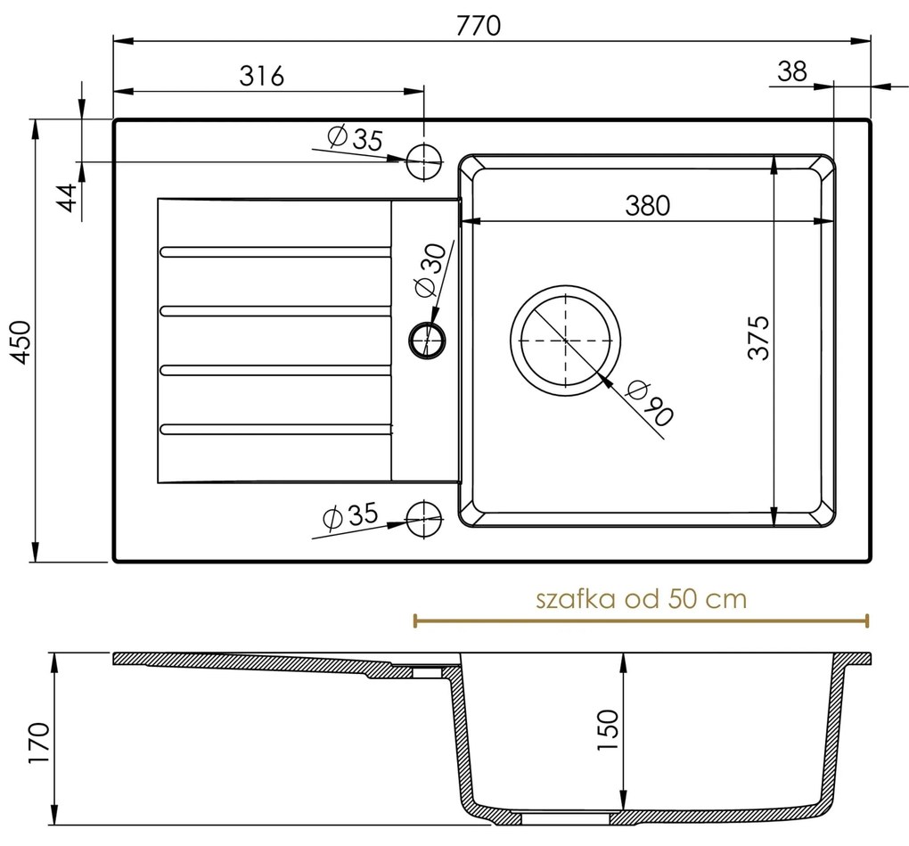 Sink Quality Natalie, kuchynský granitový drez 770x450x170 mm + chrómový sifón, biela, SKQ-NAT.W.1KDO.X