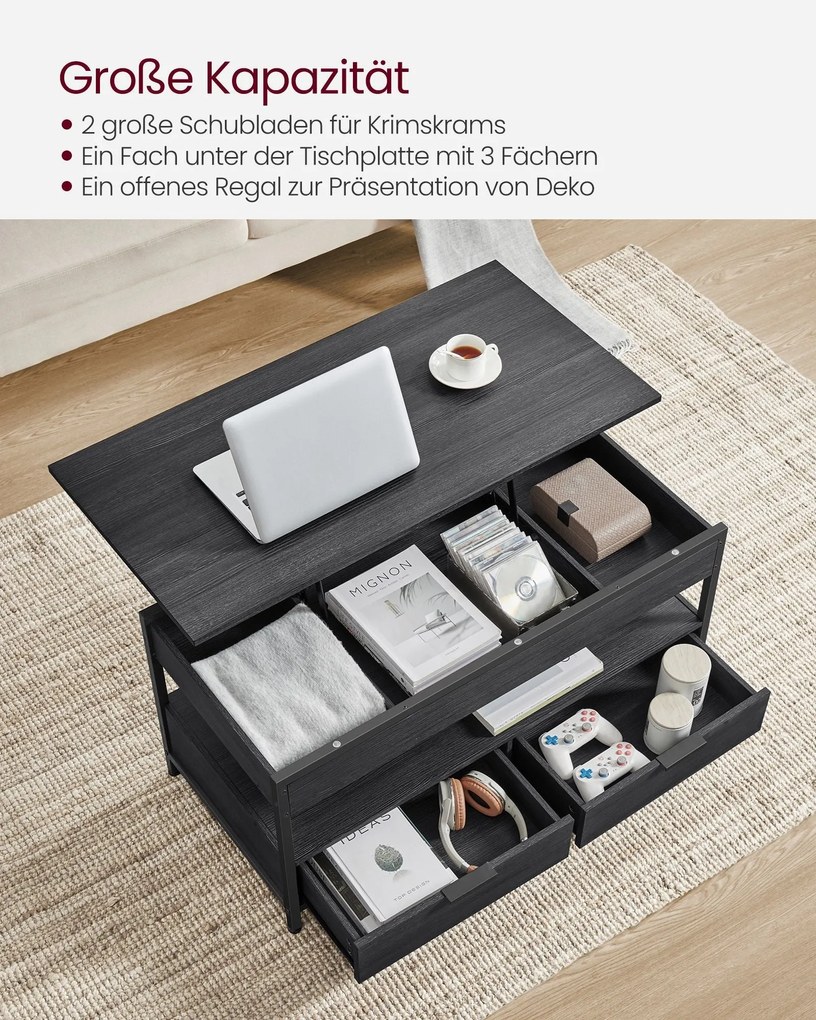 Konferenčný stolík do obývačky s nastaviteľnou výškou a zásuvkami, 50 x 100 cm, čierny