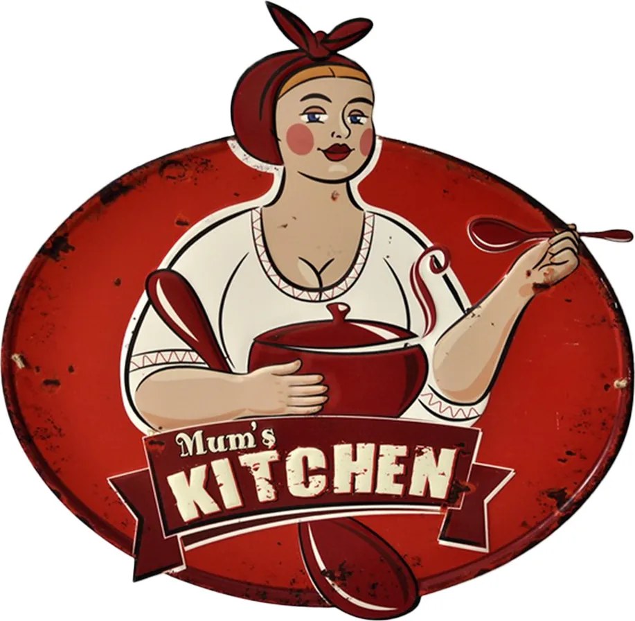 Červená nástenná kovová ceduľa Mums Kitchen - 60*1*61 cm