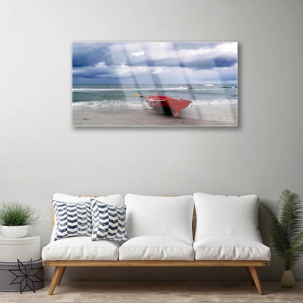 Skleneny obraz Loďka pláž more krajina 125x50 cm