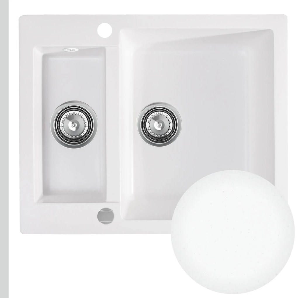 Sink Quality Ferrum, kuchynský granitový drez 605x495x210 mm + chrómový sifón, biela, SKQ-FER.W.5KBO.X