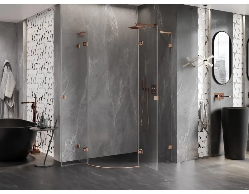 Mexen Lunar, L pravý polkruhový sprchový kút 90 x 80 cm, 8mm číre sklo, profil medená matná, 833L-090P-080L-65-00