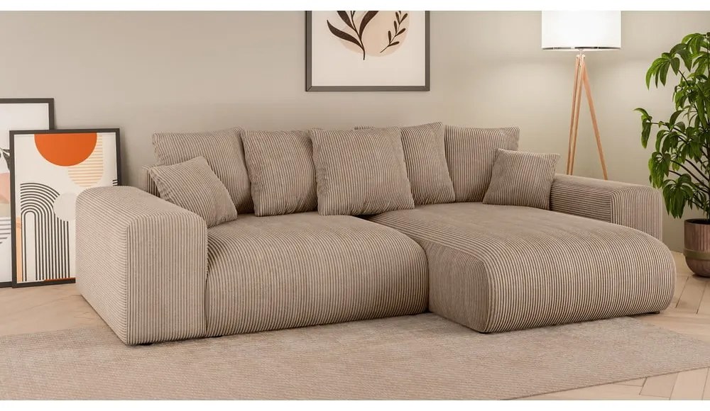 Béžová menčestrová rozkladacia rohová pohovka s úložným priestorom (variabilný roh) Luma – Ropez