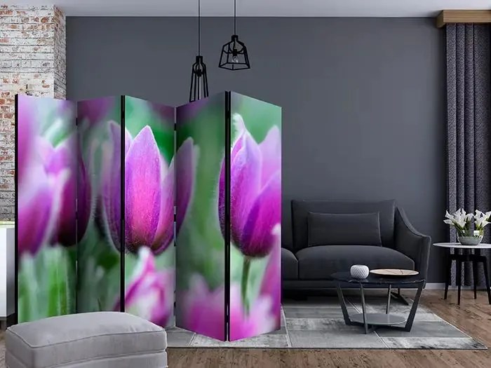 Paraván - Purple spring tulips II [Room Dividers] Veľkosť: 225x172, Verzia: Obojstranný