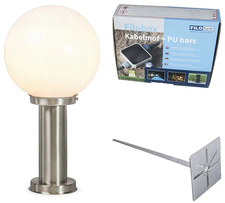 Vonkajšia lampa oceľ nerez 50 cm - Sfera so zemným hrotom a káblovou objímkou