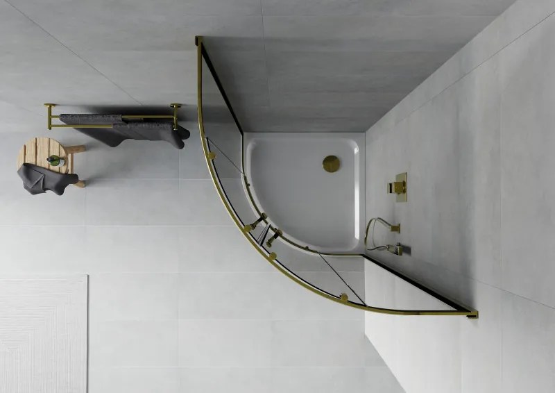 Mexen Rio, štvrťkruhový sprchovací kút s posuvnými dverami 80(dvere) x 80(dvere) x 190 cm, 6mm šedé sklo, zlatý profil + biela sprchová vanička SLIM, 863-080-080-50-40-4110G