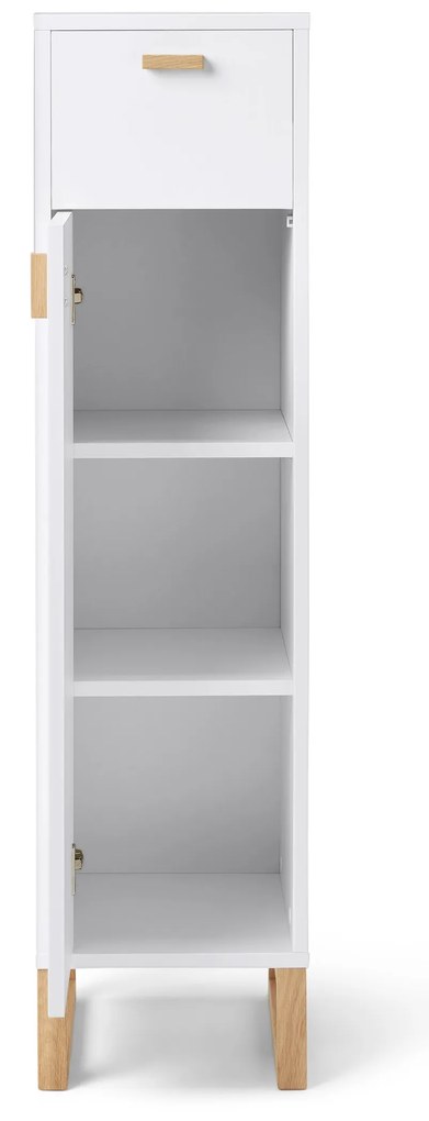 Kúpeľňová skrinka so zásuvkou a dvierkami, úzka