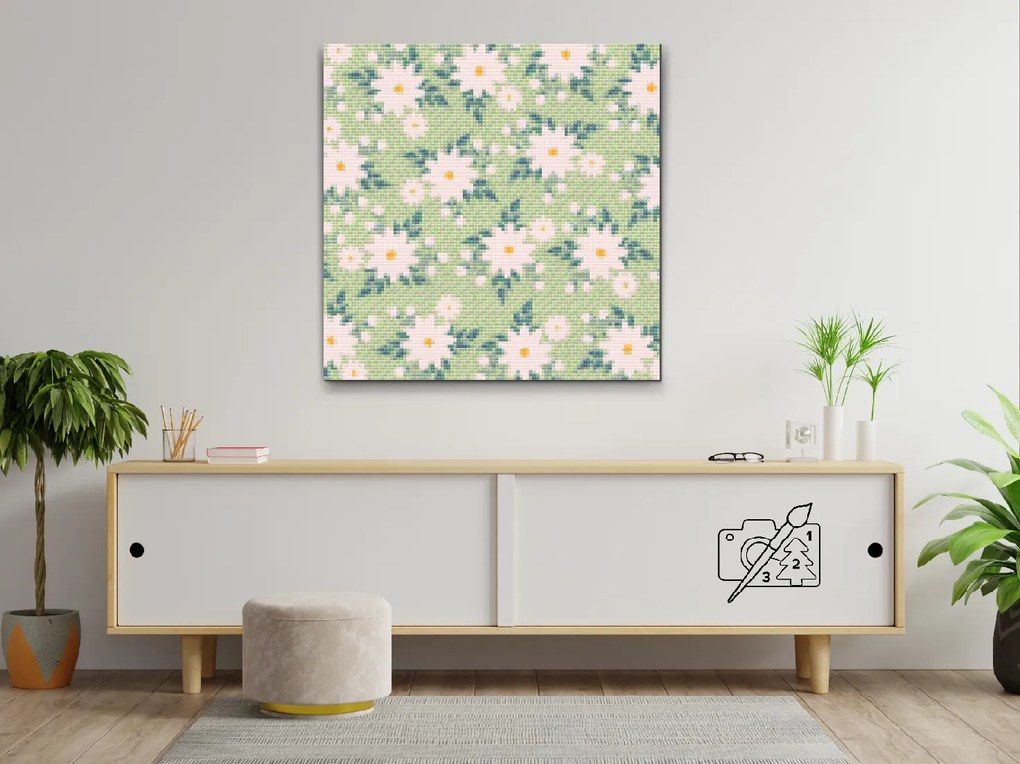 Gario Diamantové maľovanie Biele kvety Rozmery: 50 x 50 cm, Rámovanie: Iba zrolované plátno, Diamanty: Štvorcové