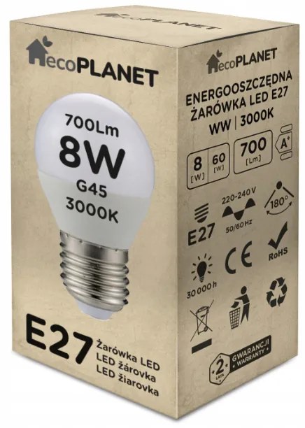 5x LED žiarovka E27 - G45 - 8W - 700lm - teplá biela