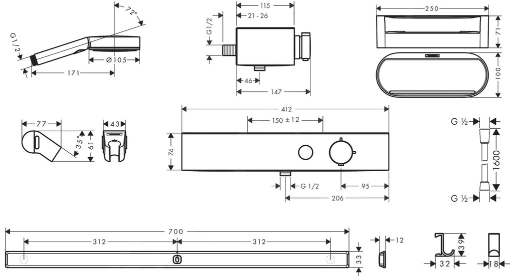Hansgrohe WallStoris, Set sprchovej hlavice 105, 3 prúdy, termostatu a kúpeľňových doplnkov, matná biela, HAN-24250700