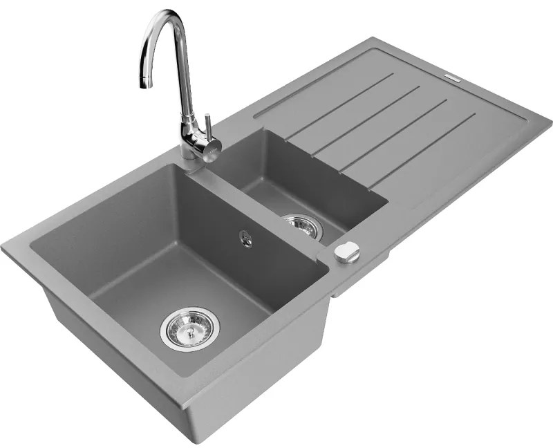 Mexen Andres 1,5-komorový granitový kuchynský drez s odkvapkávačom 100x50 cm a kuchynská batéria Telma, šedá, 6515-71-670200-00