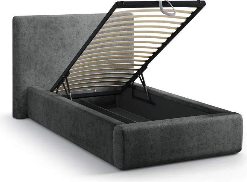 Tmavosivá čalúnená jednolôžková posteľ s úložným priestorom s roštom 90x200 cm Amy – Micadoni