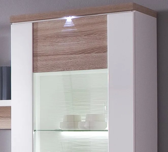 Vysoká vitrína Caracas typ 01, dub/biely lesk, s osvetlením