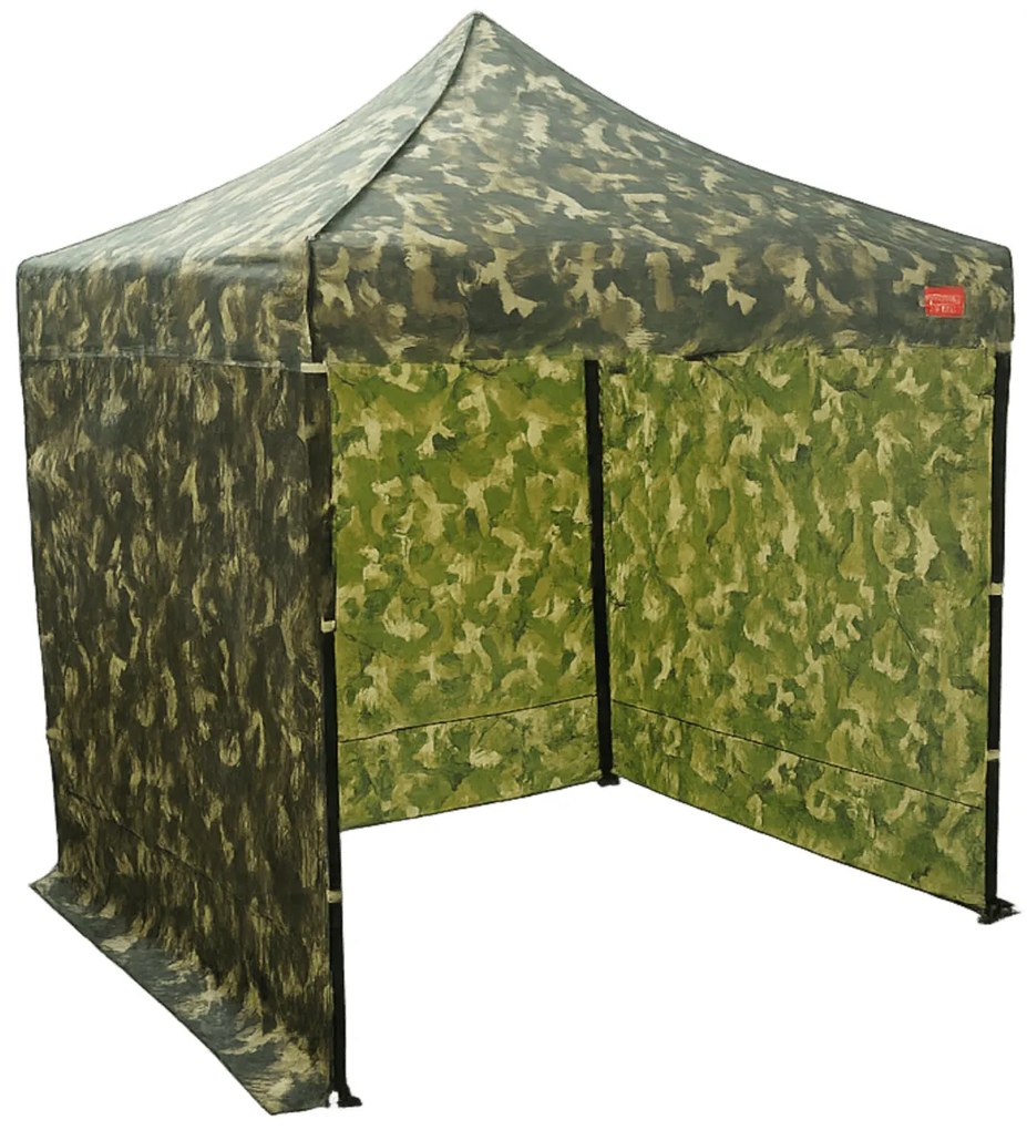 Rýchlorozkladací nožnicový stan 2x2m – oceľový, 3 bočné plachty, Maskáčová