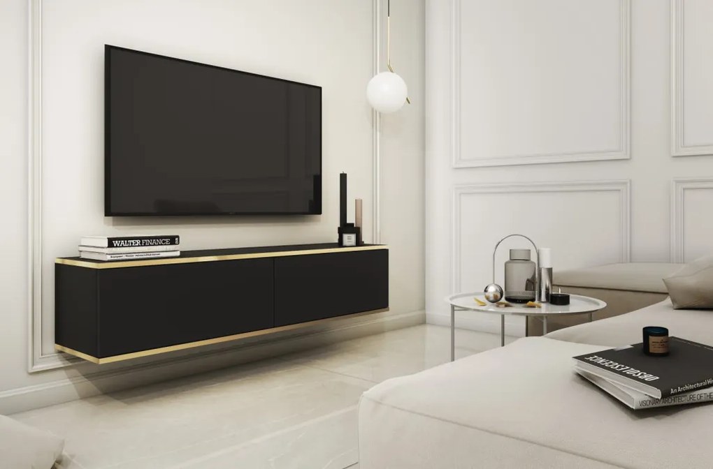 Závesná TV skrinka Orfeo, 135 cm, čierna / zlatá
