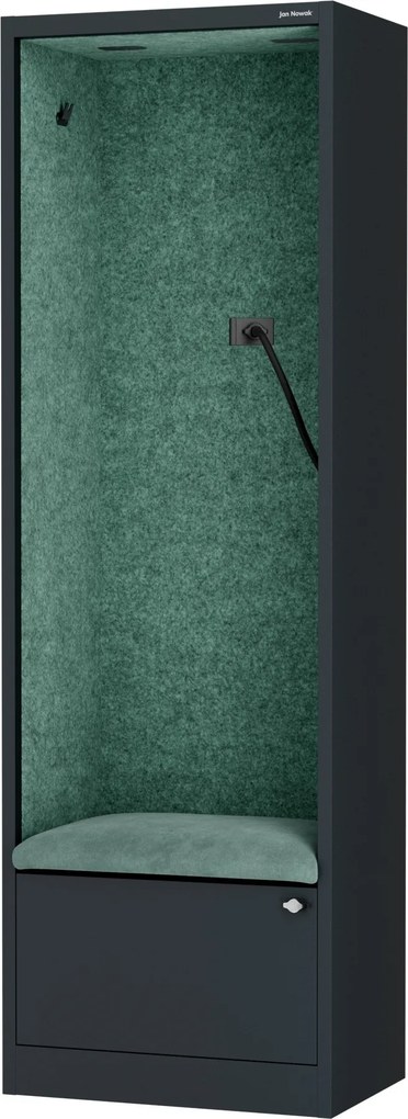 Kancelárska akustická kabína so sedadlom a portom USB-C, telo v antracitovej farbe / sedadlo v zelenej farbe, 600 mm: SALLY MentalBox