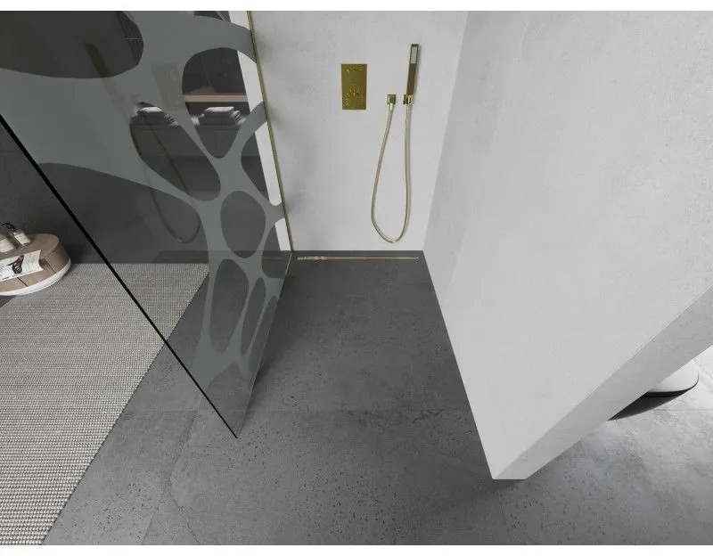 Mexen Kioto, sprchová zástena Walk-In 70 x 200 cm, 8mm číre sklo biely vzor, zlatý matný profil, 800-070-101-55-97