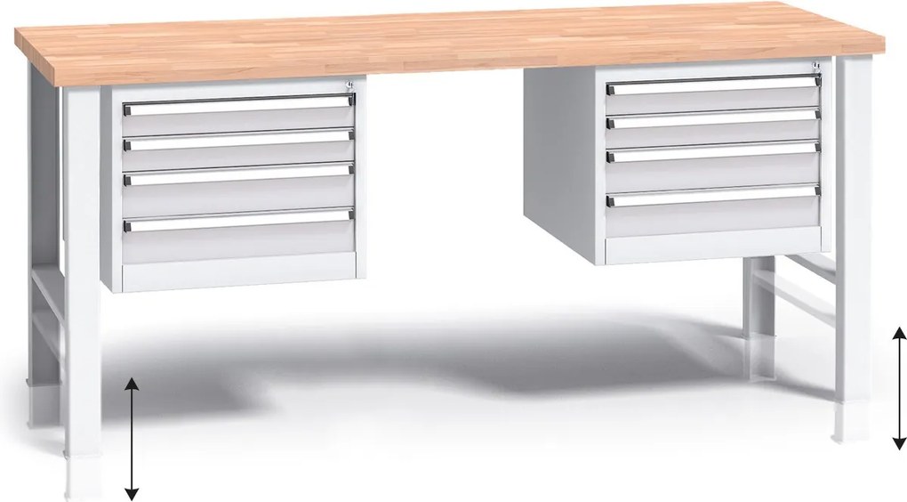 Výškovo nastaviteľný pracovný stôl do dielne G3 s 2 závesnými boxami na náradie, buková škárovka, 8 zásuviek, 2000 x 685 x 840 - 1050 mm, sivá