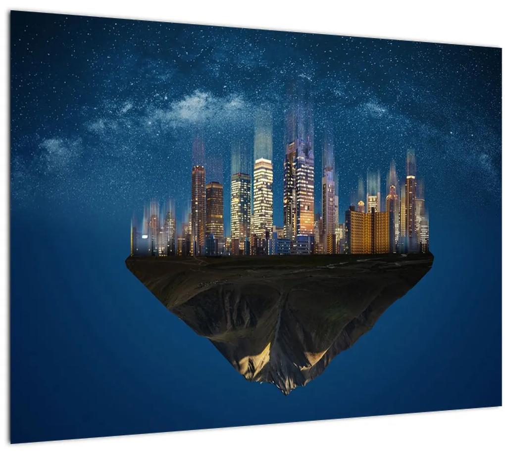 Sklenený obraz - Veľkomesto plávajúce priestorom (70x50 cm)