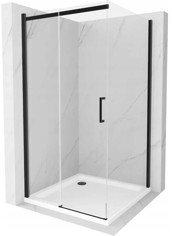 Mexen Omega, sprchovací kút s posuvnými dverami 100 (dvere) x 100 (stena) cm, 8mm číre sklo, čierny profil + slim sprchová vanička biela s čiernym sifónom, 825-100-100-70-00-4010B