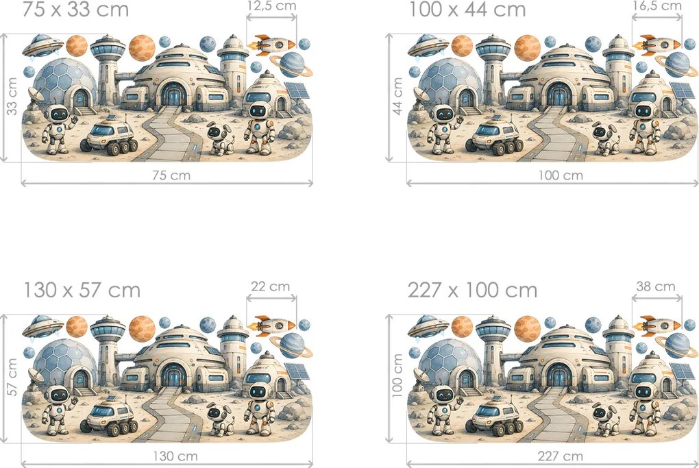 Základňa robotov nálepky na stenu s vesmírnou tematikou hárok 75 x 33 cm