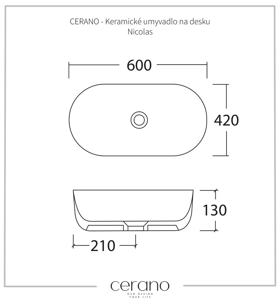 Cerano Nicole, keramické umývadlo na dosku 600x420x130 mm, biela lesklá, CER-CER-417182