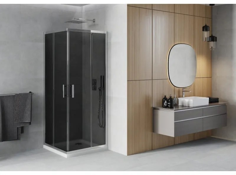 Mexen Rio štvorcový sprchovací kút 90 x 90 cm, 6mm sklo, šedé sklo, chrómový profil + slim sprchová vanička 5cm, 860-090-090-01-40-4010