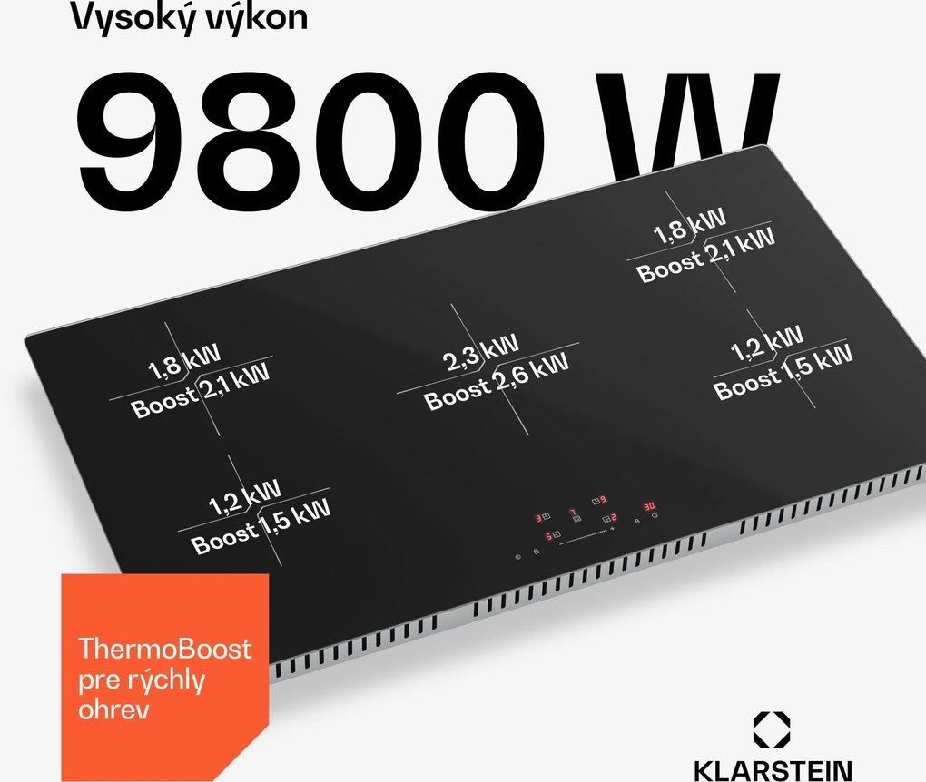 Klarstein PowerGlide indukčná varná doska | Odolná proti poškriabaniu | 5 varných zón | 9800 W | 90 cm