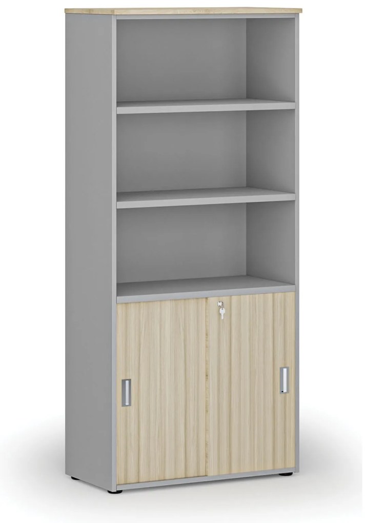 Kombinovaná kancelárska skriňa PRIMO GRAY, zasúvacie dvere na 2 poschodia, 800 x 420 x 1781 mm, sivá/dub prírodný