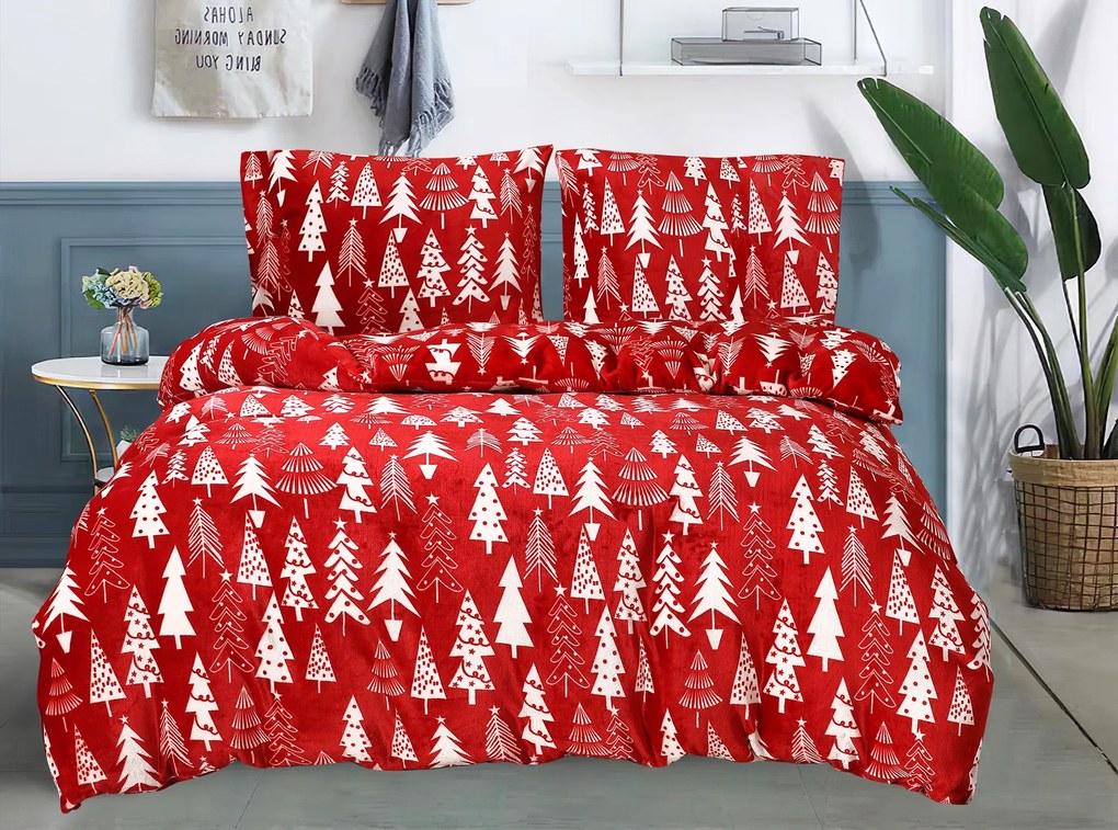 Obliečky mikroplyš CHRISTMAS TREES červené Rozmer obliečok: 70 x 90 cm | 140 x 220 cm