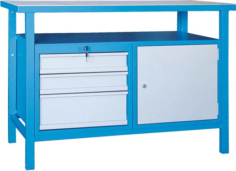 Dielenský pracovný stôl GD, smrek + buková preglejka, 3 zásuvky, 1 skrinka, 1190 x 600 x 850 mm, sivá