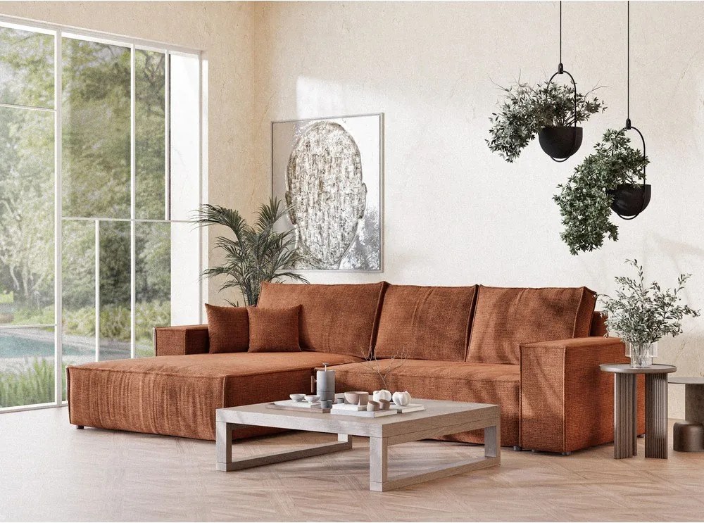 Ženilková rozkladacia/s úložným priestorom rohová pohovka v medenej farbe (ľavý roh/s leňoškou) Maze – Maison de Rêve