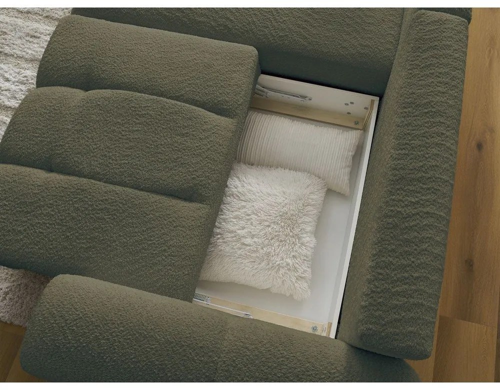 Khaki rozkladacia/s úložným priestorom rohová pohovka z textílie buklé (ľavý roh/s leňoškou) Roxelane – Bobochic Paris