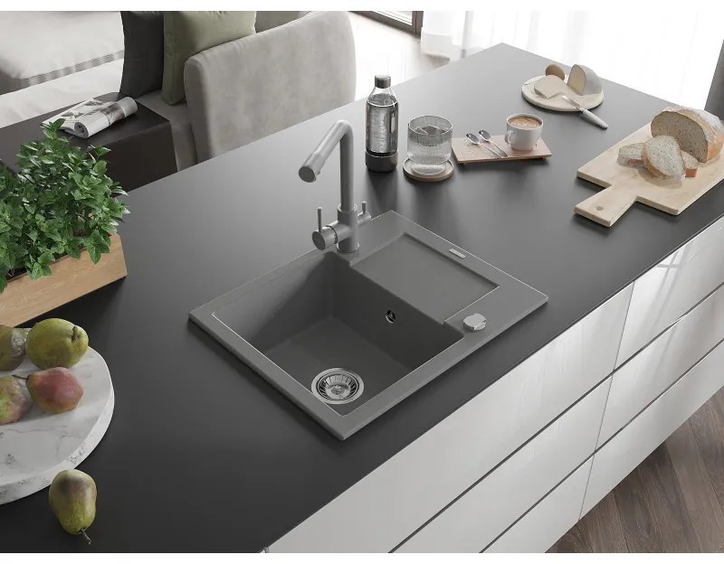Mexen Enzo, granitový drez 576x465x174 mm, 1-komorový, šedá matná batéria Duero, šedá, 6506-71-671600-71