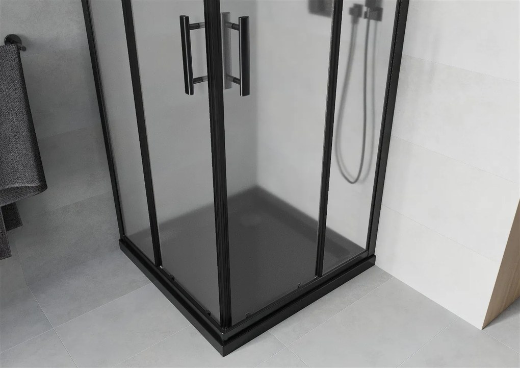 Mexen Rio, štvorcový sprchovací kút s posuvnými dverami 70 (dvere) x 70 (dvere) x 190 cm, 5mm sklo námraza, čierny profil + čierna sprchová vanička SLIM, 860-070-070-70-30-4070B