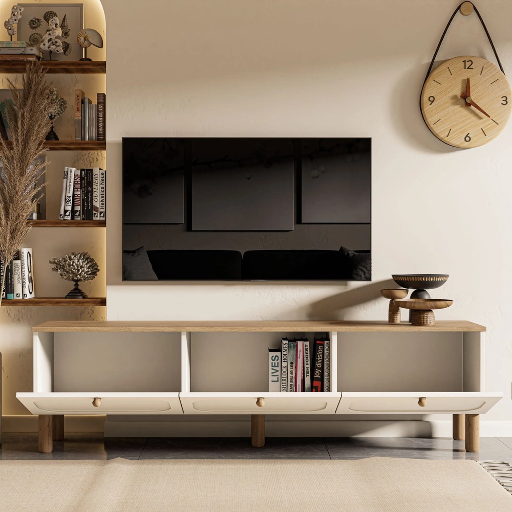 Moderný TV stolík s úložným priestorom - TV skrinka biela/dub s MDF membránovými dvierkami 180 cm