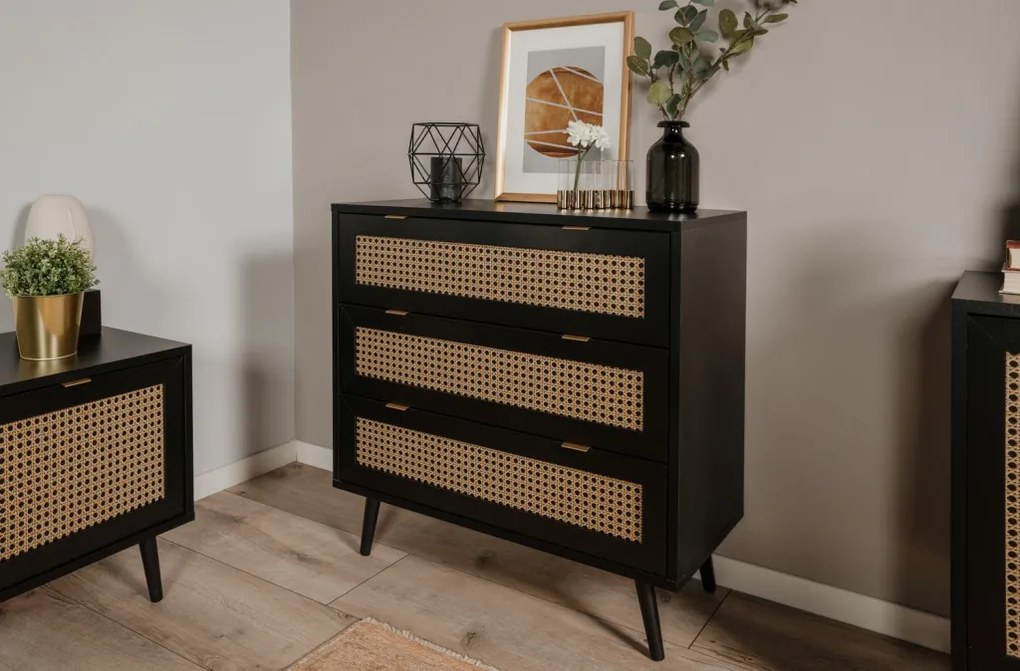 Zásuvková komoda Vienna, čierna/výplet