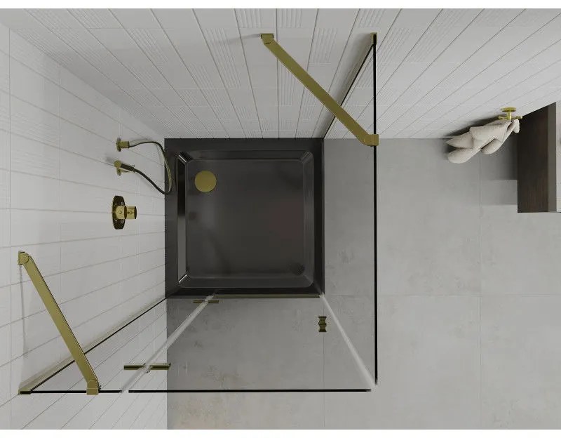 Mexen Roma, sprchový kút s krídlovými dverami 80 (dvere) x 80 (stena) cm, 6mm číre sklo, zlatý profil + slim sprchová vanička čierna + zlatý sifón, 854-080-080-50-00-4070G