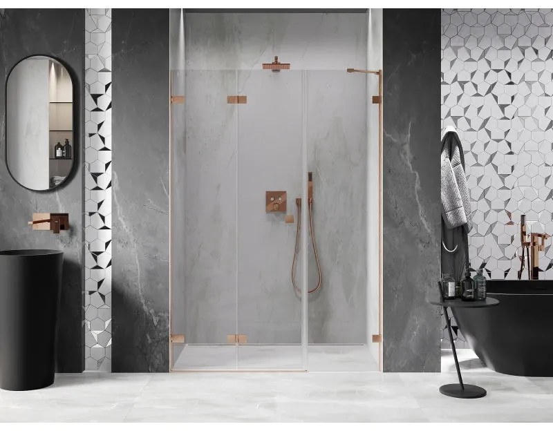 Mexen Lunar-F, skladacie ľavé sprchové dvere 135 cm, 8mm číre sklo, medený matný profil, 836S-135-050-65-00-L