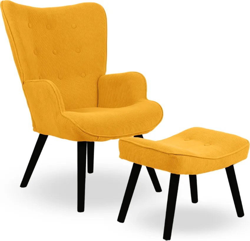 Kreslo ušiak CORDU + taburet — masív, manšestr, čierna / horčicová